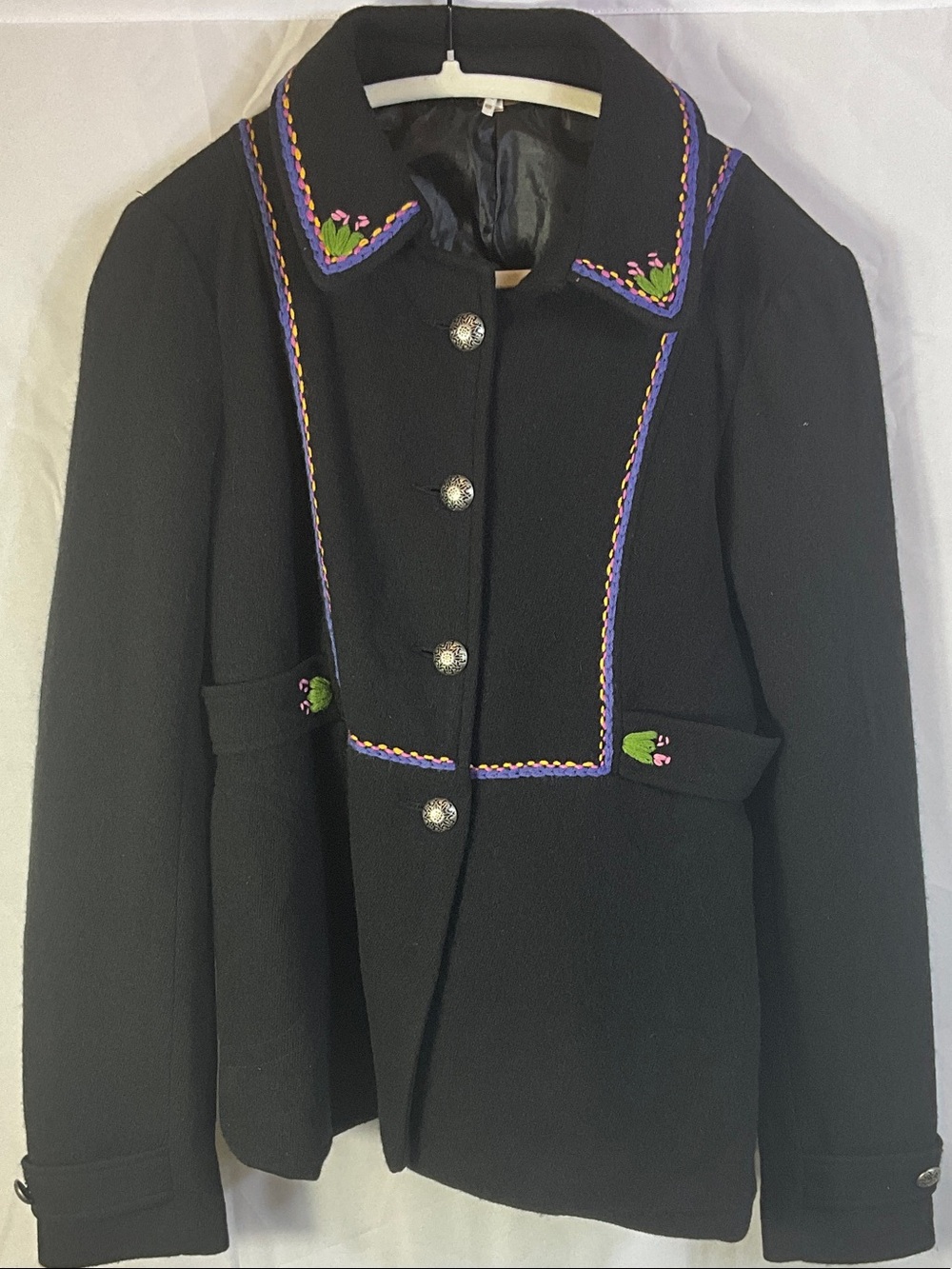 Vintage Free People Embroidered Wool Pea Coat with Pockets Size Medium